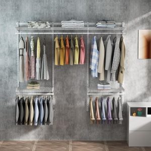 Expandable Metal Hanging Rack with Adjustable Shelves – Perfect Closet Organizer for Bedrooms, Laundry Rooms, or Garages